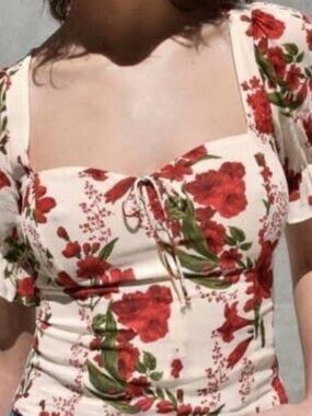 Reformation rose develan White Blouse with Red & Green Floral Print